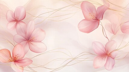 An ethereal watercolor background showcasing delicate pink flowers with soft, flowing petals, intertwined with shimmering golden lines that add elegance and depth, 