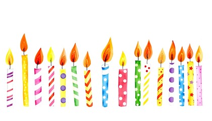 Colorful birthday candles in watercolor style, vibrant hues, striped candles with flickering flames, cheerful and whimsical, yellow sun background, simple shapes, joyful birthday card design