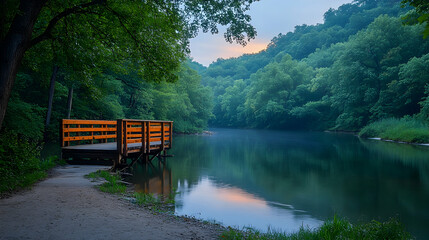 Obraz premium Serene sunrise over calm river, wooden dock, lush green hills. Perfect for travel brochures