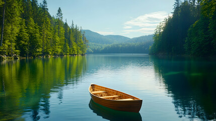 Fototapeta premium Serene wooden boat on calm mountain lake, surrounded by lush green forests, perfect for travel and relaxation brochures