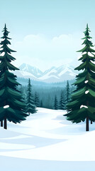 Fototapeta premium Snowy mountain landscape; winter forest scene; evergreen trees; tranquil background; ideal for winter-themed designs