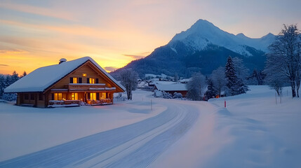 Snowy mountain village sunset; cozy cabin glows; winter road; idyllic postcard scene