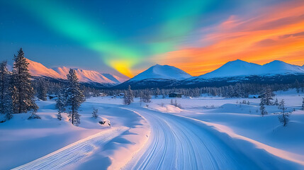 Fototapeta premium Snowy road winding through Arctic mountains at sunset with aurora borealis. Winter landscape ideal for travel brochures