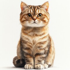 Obraz premium A detailed portrait of a fluffy domestic cat with striking eyes, sitting calmly against a plain backdrop