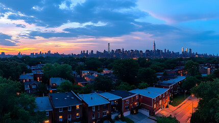 Naklejka premium Suburban sunset view of city skyline