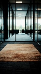Fototapeta premium Modern Office Corridor Carpet Glass Walls Interior Design Business Background