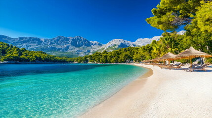 Obraz premium Sunny beach, turquoise water, mountain backdrop, lounge chairs. Ideal for travel brochures