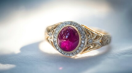 Close-up macro photograph, low-angle view from the side of an art deco gold and platinum diamond ring with a large oval fuchsia cabochon stone in the center, against a white background with a paper