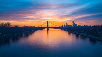 Obraz premium Sunrise over city bridge, calm river, skyline background; ideal for travel brochure