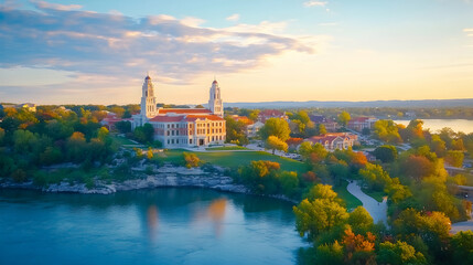 Fototapeta premium Sunset aerial view of a college campus by a river, autumn foliage, peaceful background, ideal for education, travel brochures