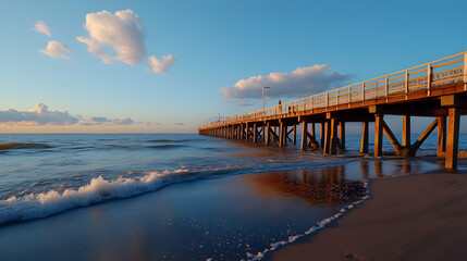 Obraz premium Tranquil sunset pier, ocean waves, sandy beach, peaceful evening stroll