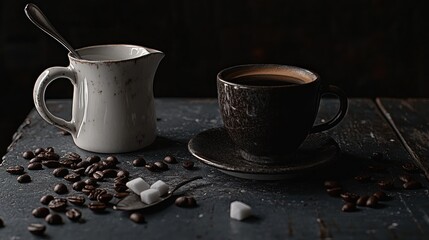 Dark Coffee Cup with Creamer and Sugar Cubes