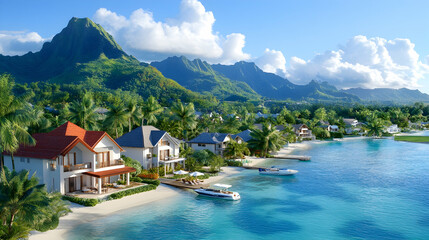 Naklejka premium Tropical coastal houses, beachfront view, mountain backdrop, idyllic vacation homes