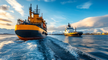 Fototapeta premium Two cargo ships sailing at sunset, coastal mountains in background. Use shipping, transport, industry