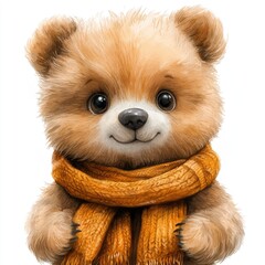 Obraz premium Cute cartoon bear character wearing a cozy orange scarf, smiling warmly, against a white background