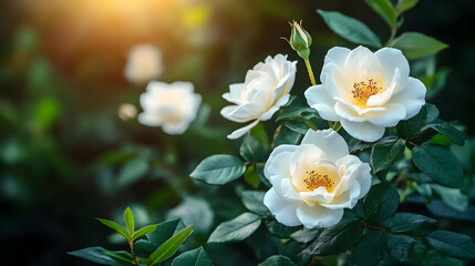 Obraz premium White roses blooming in garden, sunlit background, peaceful nature scene, ideal for greeting cards