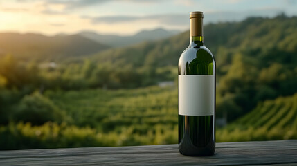 Fototapeta premium Wine bottle sunset vineyard landscape; drink advertising
