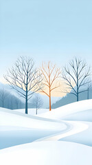 Obraz premium Winter landscape, snow covered path, bare trees, hills, serene scene, ideal for calendars