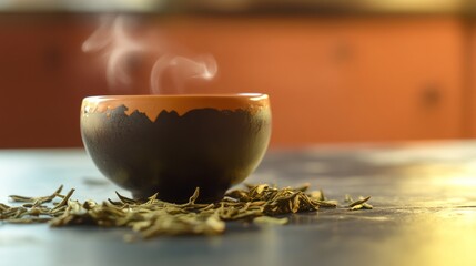 Steaming Cup Of Tea With Loose Leaf Tea