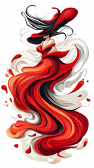 Woman in red dress, windswept hair, abstract background, fashion illustration
