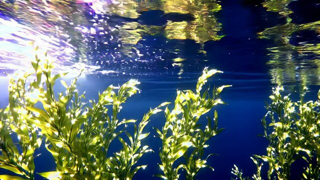 Underwater scene showcasing vibrant green bladderwracks illuminated by sunlight with shimmering reflections
