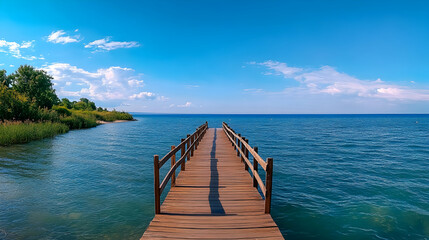 Obraz premium Wooden pier extending into calm blue lake under sunny sky; tranquil summer scene perfect for travel brochures