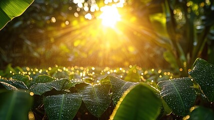 Sunlit rainforest leaves, glistening with raindrops.