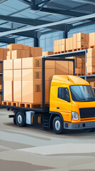 Naklejka premium Yellow truck loading cardboard boxes in warehouse; logistics, shipping, transport; background shows stacked pallets