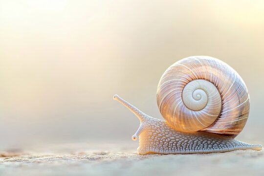 detailed close-up of snail shell spiral patterns glowing under soft diffused light earthy textures blurred natural