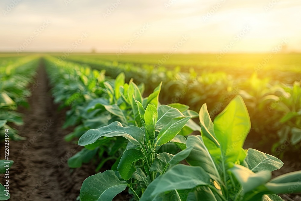 Poster futuristic farm setting with identical rows of bioengineered crops growing in controlled environment