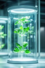 futuristic glass chamber filled with genetically enhanced plant samples softly glowing under controlled led lighting