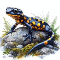 Obraz premium Vibrant amphibian resting on a rock amidst lush greenery, showcasing nature's beauty and detail