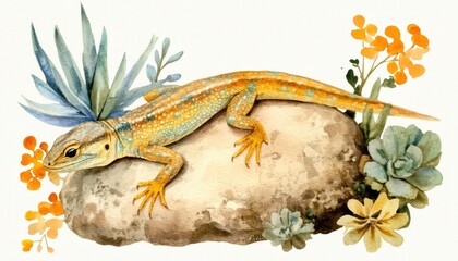 A vibrant lizard perched on a rock surrounded by colorful flowers and greenery in a serene environment