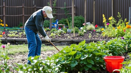 Senior Man Tending to His Vibrant Vegetable Garden