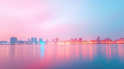 Obraz premium panoramic view of sprawling city skyline at dusk vibrant lights reflecting on water copy space