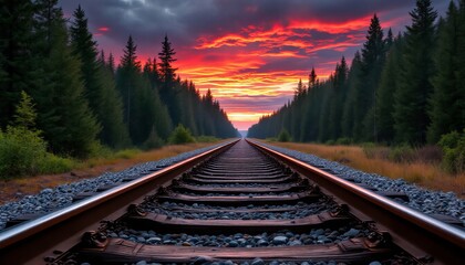 Fototapeta premium Fiery Sunset Over Railroad Tracks Through Forest