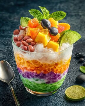 Vibrant filipino halohalo dessert with crushed ice and toppings tropical paradise food refreshing treat