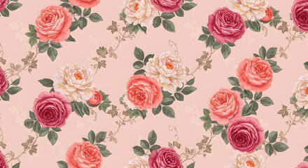 A seamless floral pattern featuring blooming roses and peonies intertwined with ivy on a pastel pink background.