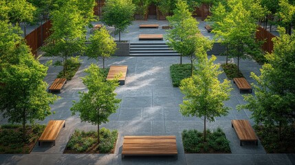 Obraz premium A serene urban park featuring neatly arranged wooden benches and lush trees under bright sunlight