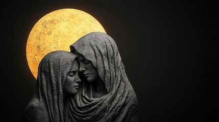 Mourning family, cultural attire, grief expression, 3D illustration