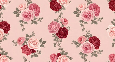 A seamless floral pattern featuring blooming roses and peonies intertwined with ivy on a pastel pink background.