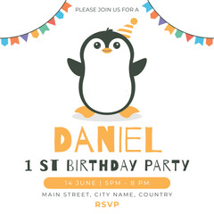 Greeting and invitation card for kids Happy Birthday party. Cute baby animal penguin in flat childrens style. Vector illustration, design for card, poster, event
