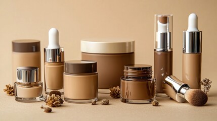 Beige makeup product display, studio shot, neutral background, advertising