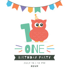 Greeting and invitation card for kids first Birthday party. Cute baby owl and number 1 in flat childrens style. Vector illustration, design for card, poster, event