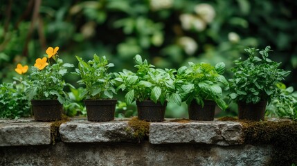 Five potted herbs and flowers