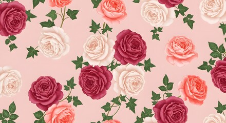 A seamless floral pattern featuring blooming roses and peonies intertwined with ivy on a pastel pink background.