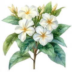 Obraz premium A vibrant illustration of white plumeria flowers with green leaves, showcasing natural beauty and tranquility