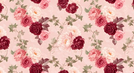 A seamless floral pattern featuring blooming roses and peonies intertwined with ivy on a pastel pink background.