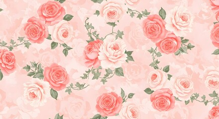 A seamless floral pattern featuring blooming roses and peonies intertwined with ivy on a pastel pink background.