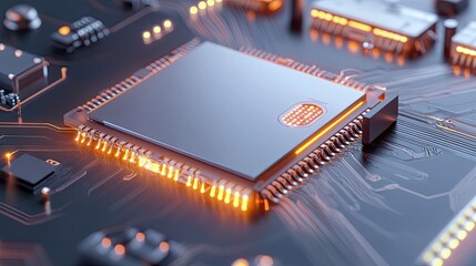 va close-up of futuristic energy-efficient microchip with glowing elements and integrated cooling systems